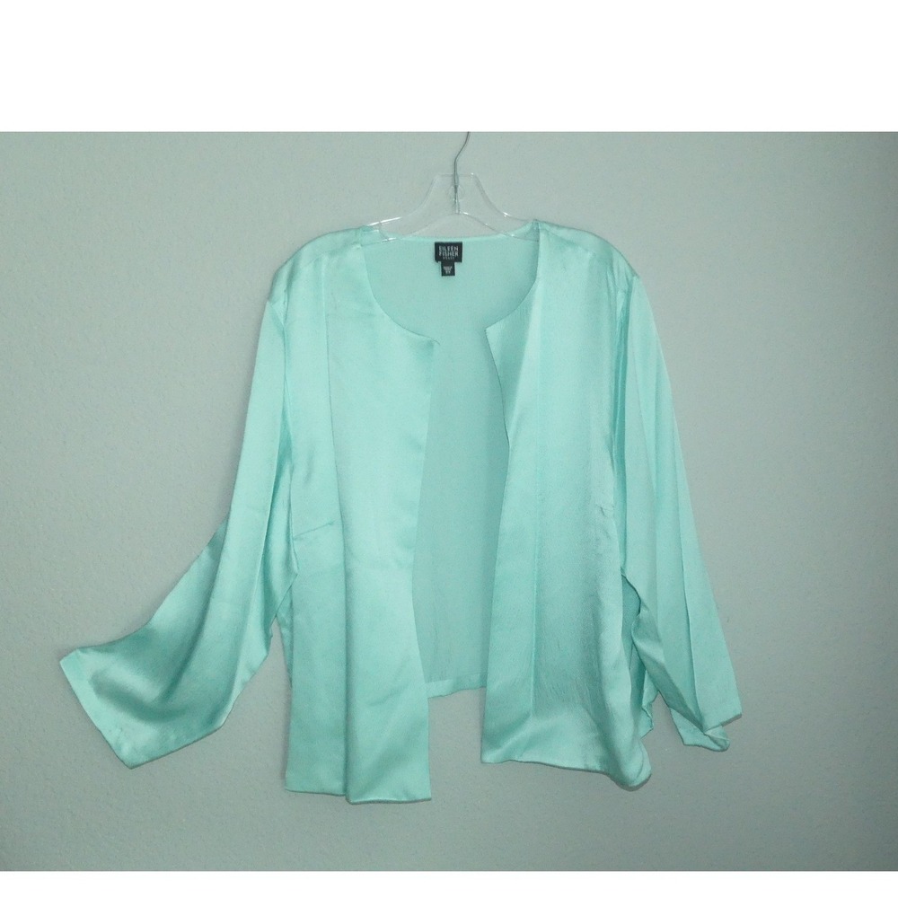 Eileen Fisher Woman 2X Silk Open Front Cardigan Aqua Fluid Crepe Lightweight